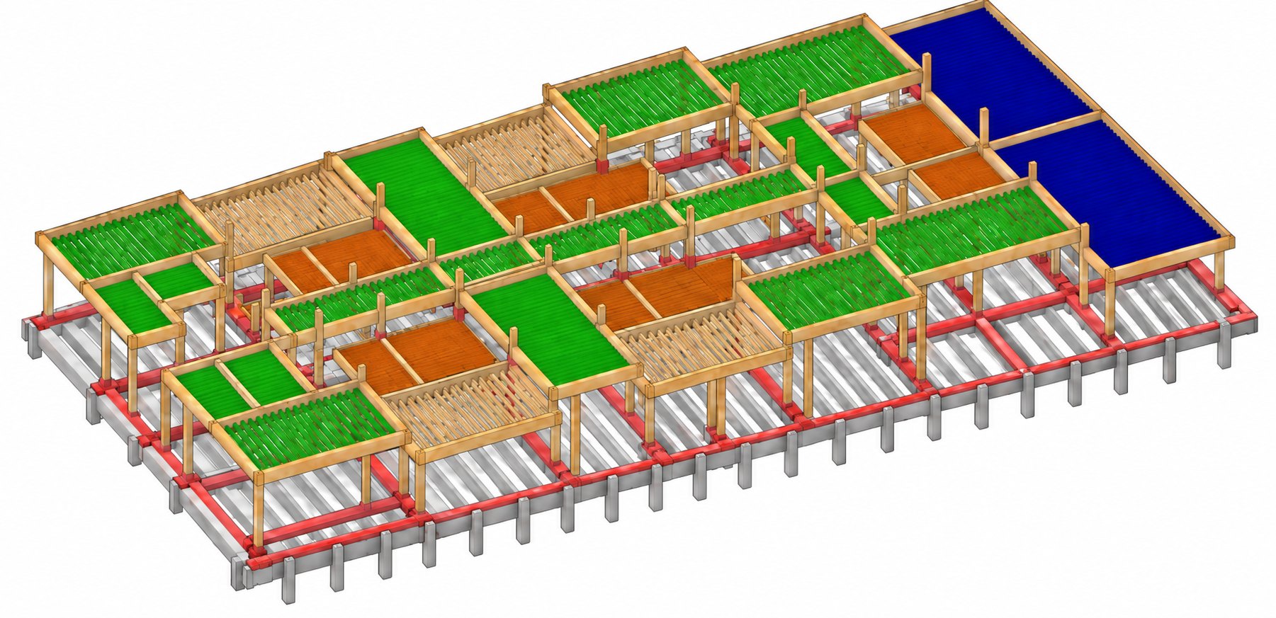 Maquette 3D de la surélévation du 35 rue des Abondances : structure existante en gris, longrines béton en rouge, ossature et planchers bois de la surélévation